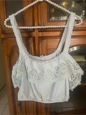 American Eagle Outfitters Soft Pastel Blue Lace Ruffle Crop Tank